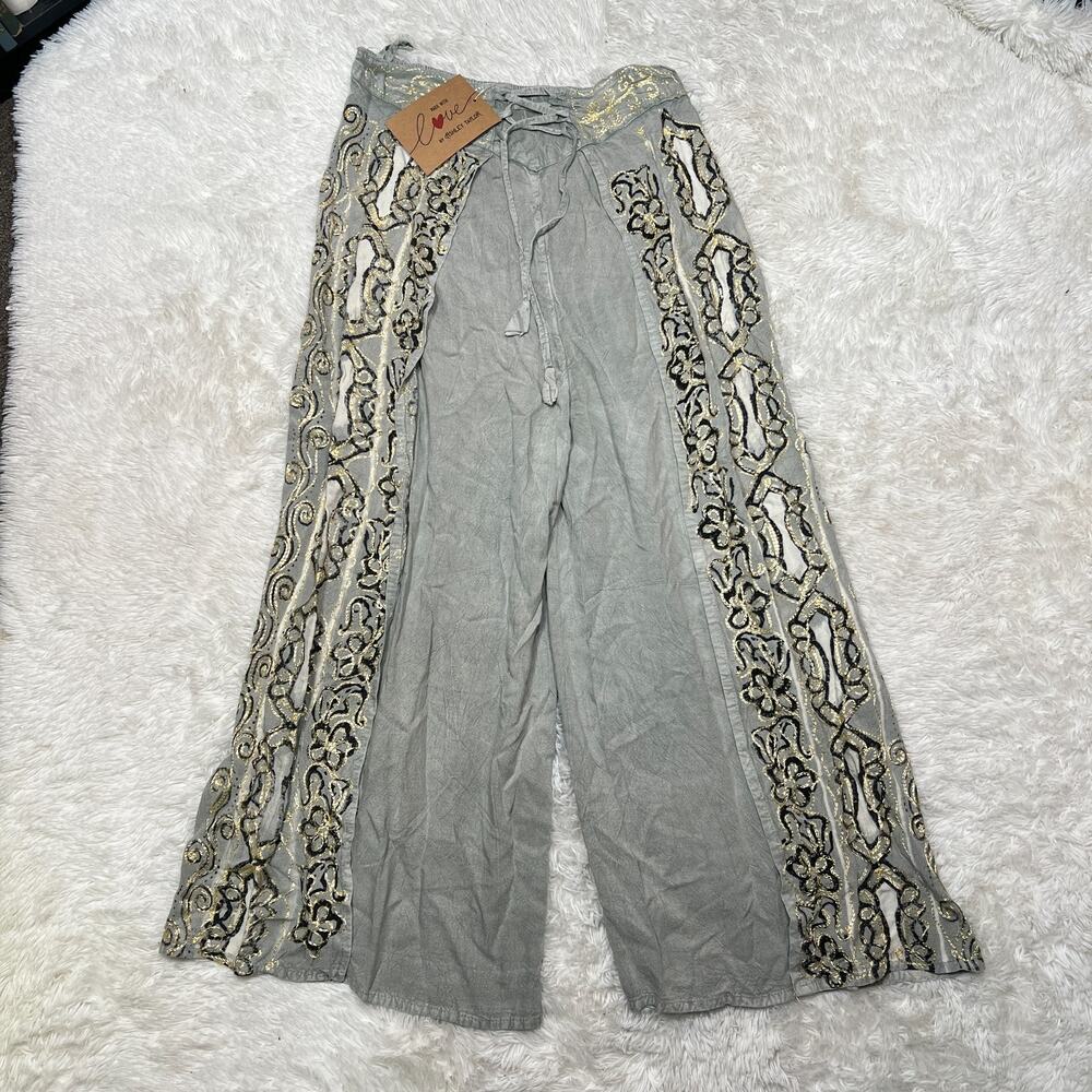 ASHLEY TAYLOR PANTS BOHEMIAN HIPPIE HAREM SIDE SLIT EMBROIDERED PANTS SILVER